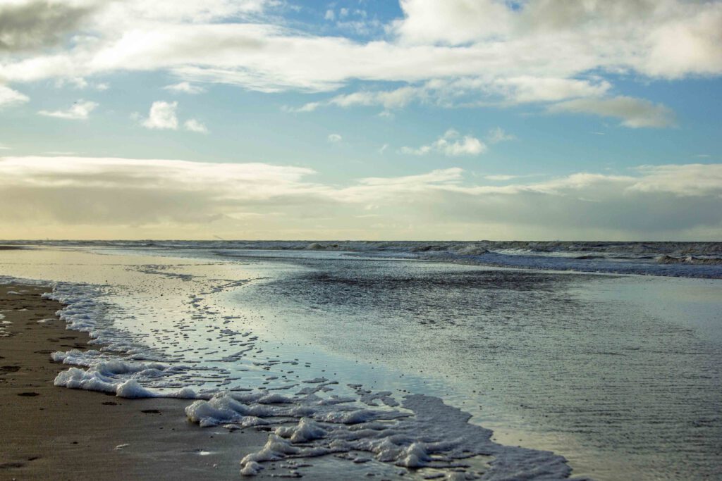 Strand met schuimkoppen van de golven